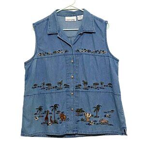 Vintage 90s Casey & Max Boho Button Front Vest‎ Womens XL Blue Denim Grandmacore